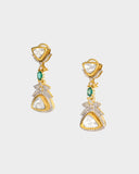 A fusion-style three-line necklace and earring set featuring diamond polki with round and emerald-cut oval diamonds, finished with sleek gold chain stringing. A contemporary take on timeless luxury, perfect for modern celebrations. (KMNE3701)