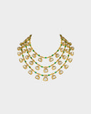 A fusion-style three-line necklace and earring set featuring diamond polki with round and emerald-cut oval diamonds, finished with sleek gold chain stringing. A contemporary take on timeless luxury, perfect for modern celebrations. (KMNE3701)