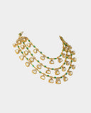 A fusion-style three-line necklace and earring set featuring diamond polki with round and emerald-cut oval diamonds, finished with sleek gold chain stringing. A contemporary take on timeless luxury, perfect for modern celebrations. (KMNE3701)