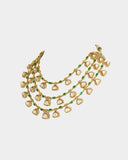 A fusion-style three-line necklace and earring set featuring diamond polki with round and emerald-cut oval diamonds, finished with sleek gold chain stringing. A contemporary take on timeless luxury, perfect for modern celebrations. (KMNE3701)