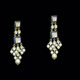 A regal blue enamelled choker set in gold, showcasing bold oversized polki diamonds framed with intricate detailing, finished with cascading South Sea pearl fringes and perfectly matched statement earrings for timeless grandeur. (KMNE3720)