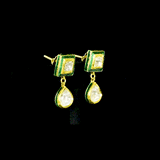 A refined single-line gold necklace set featuring polki diamonds with green enamel detailing, accented by delicate pearl hangings, paired with matching earrings—perfectly blending traditional elegance with understated, modern sophistication. (KMNE3722)