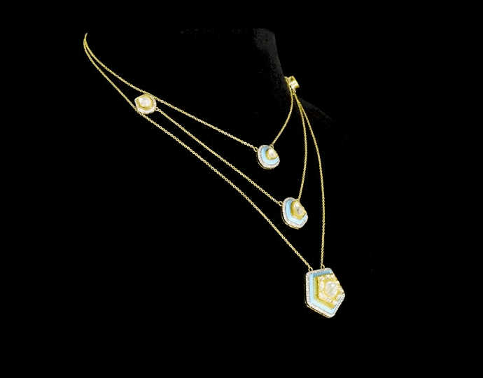 A graceful layered necklace set featuring firoza enamelled detailing, accented with polki and round diamonds, paired with matching earrings and delicate gold chain stringing for a refined, contemporary yet timeless elegance. (KMNE3728)