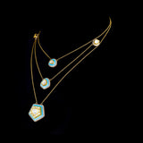 A graceful layered necklace set featuring firoza enamelled detailing, accented with polki and round diamonds, paired with matching earrings and delicate gold chain stringing for a refined, contemporary yet timeless elegance. (KMNE3728)