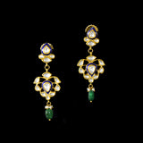 An elegant gold necklace set featuring polki diamonds with blue enamel detailing, accented by emerald maniya and delicate pearl hangings, offering a graceful blend of tradition and refined contemporary luxury. (KMNE3739)