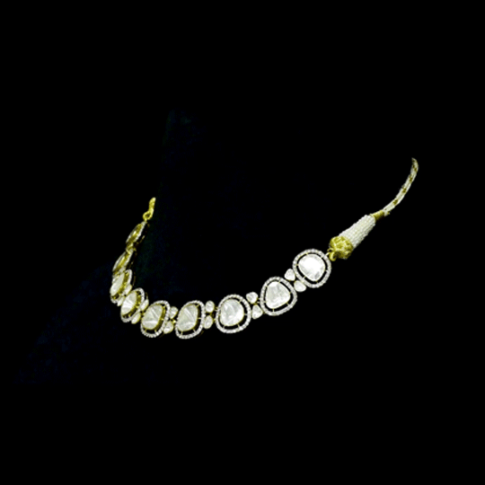Fusion Diamond Polki Necklace Set A graceful fusion necklace paired with elegant earrings, featuring statement diamond polki, brilliant round diamonds, and contemporary craftsmanship for timeless sophistication and versatile luxury wear.(KMNE3740)
