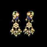 Exquisite gold necklace and earring set featuring uncut diamond polki, peacock meenakari in blue and green, and delicate pearls, blending royal heritage craftsmanship with timeless elegance for statement occasions. (KMNE3746)