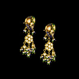 Exquisite gold necklace and earring set featuring uncut diamond polki, peacock meenakari in blue and green, and delicate pearls, blending royal heritage craftsmanship with timeless elegance for statement occasions. (KMNE3746)