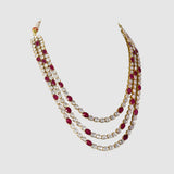 Ruby & Diamond Polki Three-Line Necklace Set Grace your celebrations with this elegant three-line necklace and earrings, featuring vibrant rubies, shimmering diamond polki, and timeless craftsmanship for sophisticated traditional luxury.(KMNE3751)