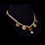 Traditional Diamond Polki & Ruby Necklace Set Celebrate timeless elegance with this traditional necklace and tops, featuring diamond polki, vibrant ruby accents, delicate pearl stringing, and exquisite handcrafted heritage-inspired artistry.(KMNE3753)