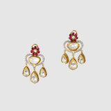A graceful fusion necklace with diamond polki, round diamonds, vibrant rubies, and elegant pearl stringing, paired with matching earrings for timeless sophistication and charm.(KMNE3759)