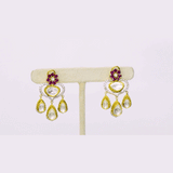 A graceful fusion necklace with diamond polki, round diamonds, vibrant rubies, and elegant pearl stringing, paired with matching earrings for timeless sophistication and charm.(KMNE3759)