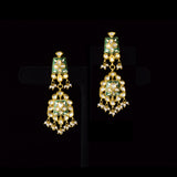Green Enamelled Diamond Polki Necklace Set Traditional green enamelled necklace set adorned with sparkling diamond polki and delicate pearl hangings, paired with matching earrings for timeless elegance and festive charm.(KMNE3766)