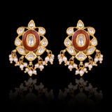Grace every celebration with this handcrafted red meenakari necklace and earrings, featuring natural Polki diamonds and pearl accents.(KMNE3790)