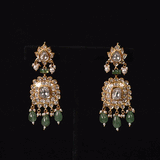 Handcrafted to perfection, this Diamond Polki choker and earrings blend classic artistry with elegant emerald drops and pearl accents.(KMNE3797)