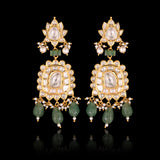 Handcrafted to perfection, this Diamond Polki choker and earrings blend classic artistry with elegant emerald drops and pearl accents.(KMNE3797)