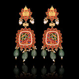 Handcrafted to perfection, this Diamond Polki choker and earrings blend classic artistry with elegant emerald drops and pearl accents.(KMNE3797)