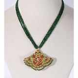 Royal Pankhi Pendant Set Traditional Pankhi pendant set adorned with vibrant red meenakari, sparkling diamond polki, and emerald bead stringing, paired with matching earrings for timeless regal elegance.(KMPE1360)