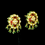 Royal Pankhi Pendant Set Traditional Pankhi pendant set adorned with vibrant red meenakari, sparkling diamond polki, and emerald bead stringing, paired with matching earrings for timeless regal elegance.(KMPE1360)