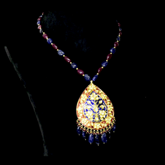 Royal Enamel Pendant Set Exquisite red and blue enamel pendant set adorned with diamond polki, beautifully strung with ruby and sapphire maniya for timeless royal elegance.(KMPE1363)