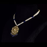 Blue Meenakari Pendant Set Elegant blue meenakari pendant set adorned with diamond polki, gracefully strung with pearls and sapphire maniya, celebrating timeless heritage and sophistication.(KMPE1372)