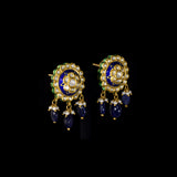 Blue Meenakari Pendant Set Elegant blue meenakari pendant set adorned with diamond polki, gracefully strung with pearls and sapphire maniya, celebrating timeless heritage and sophistication.(KMPE1372)