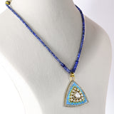 A stunning fusion-style pendant and earring set featuring Firoza Meena, Diamond Polki, and brilliant diamonds, elegantly paired with sapphire bead strands for a vibrant, luxurious, and timeless statement look.(KMPE1381)