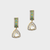 A stunning fusion-style pendant and earring set featuring Firoza Meena, Diamond Polki, and brilliant diamonds, elegantly paired with sapphire bead strands for a vibrant, luxurious, and timeless statement look.(KMPE1381)