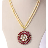 Fusion Ruby Pearl Pendant Contemporary pendant showcasing vibrant rubies, diamond polki and brilliant diamonds, gracefully suspended from a luminous double-strand pearl necklace for timeless sophistication.(KMPE1389)
