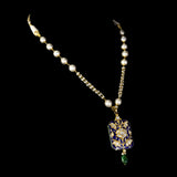 Blue Meenakari Pendant Set Elegant blue meenakari pendant set adorned with diamond polki, gracefully strung with pearls and emerald accents, blending timeless artistry with refined elegance.(KMPE1397)