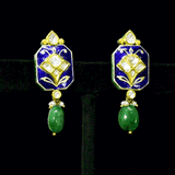 Blue Meenakari Pendant Set Elegant blue meenakari pendant set adorned with diamond polki, gracefully strung with pearls and emerald accents, blending timeless artistry with refined elegance.(KMPE1397)