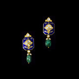 Blue Meenakari Pendant Set Elegant blue meenakari pendant set adorned with diamond polki, gracefully strung with pearls and emerald accents, blending timeless artistry with refined elegance.(KMPE1397)