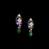 Blue Meenakari Pendant Set Elegant blue meenakari pendant set adorned with diamond polki, gracefully strung with pearls and emerald accents, blending timeless artistry with refined elegance.(KMPE1397)