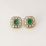 Fusion Emerald Pendant Set Contemporary pendant set featuring a vivid emerald, diamond polki and brilliant diamonds, gracefully strung with ruby and pearl in gold-wire chain for refined elegance.(KMPE1401)