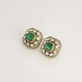 Fusion Emerald Pendant Set Contemporary pendant set featuring a vivid emerald, diamond polki and brilliant diamonds, gracefully strung with ruby and pearl in gold-wire chain for refined elegance.(KMPE1401)