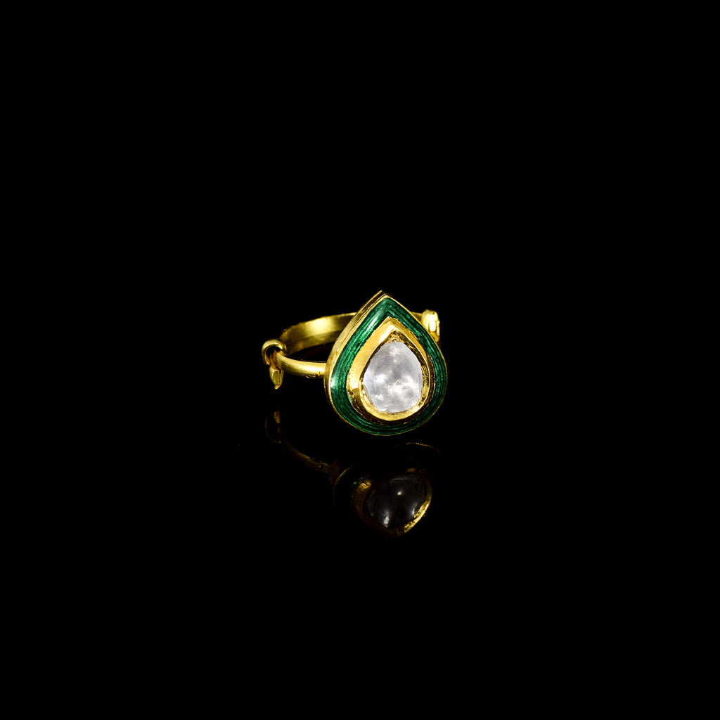 Elegant green pear-shaped Meena ring with sparkling diamond Polki, featuring an adjustable design for a perfect fit.(KMR0169)
