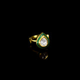 Elegant green pear-shaped Meena ring with sparkling diamond Polki, featuring an adjustable design for a perfect fit.(KMR0169)