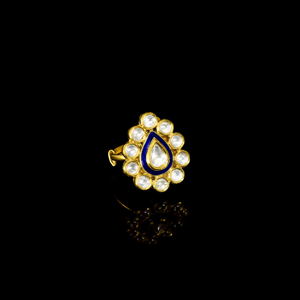 Stunning blue Meena ring with sparkling diamond Polki, adjustable for the perfect fit—timeless elegance meets versatile style.(KMR0170)