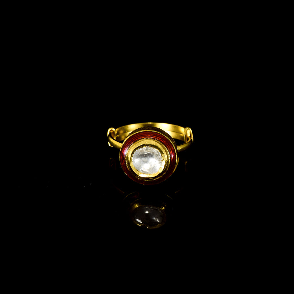 Red enameled ring features uncut diamond Polki, showcasing timeless artistry and vibrant charm—perfect for adding a regal touch to any look.(KMR0172)