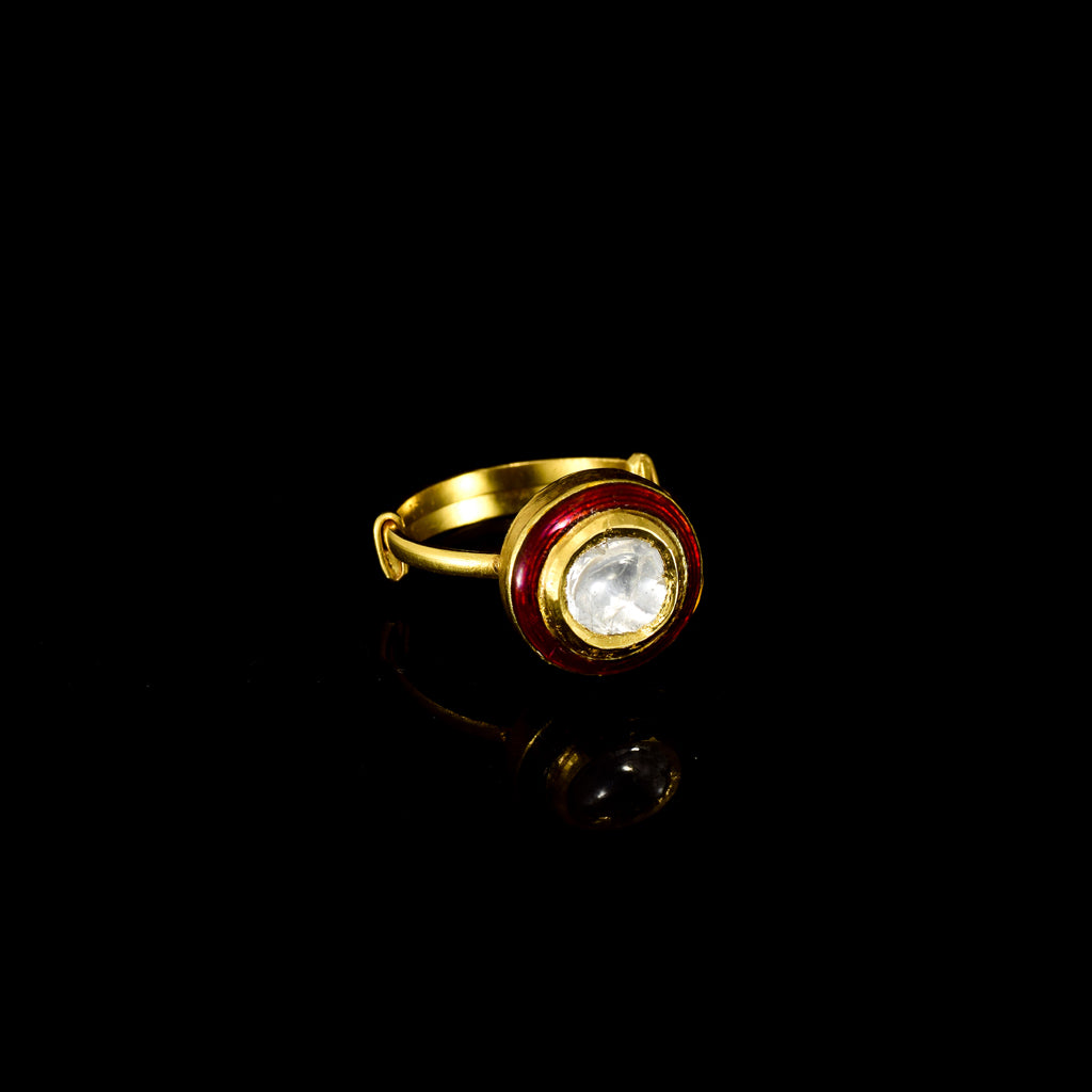 Red enameled ring features uncut diamond Polki, showcasing timeless artistry and vibrant charm—perfect for adding a regal touch to any look.(KMR0172)