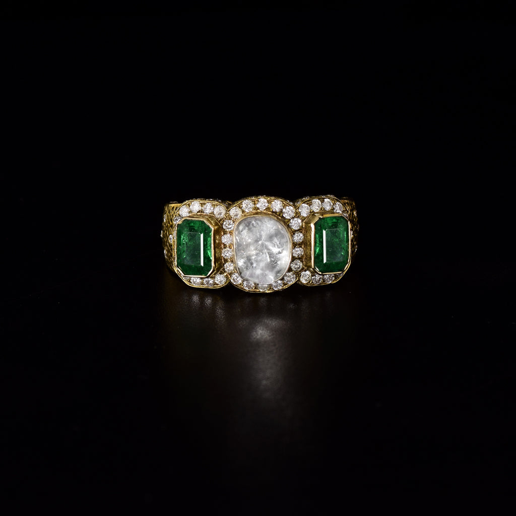 Diamond Polki & Emerald Ring A bold Diamond Rose cut , Diamond Round  and Emerald ring crafted with intricate detailing, celebrating regal elegance and exceptional craftsmanship.(KMR0178)