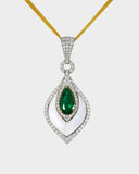 A beautifully crafted pendant and earring set featuring pear-shaped emeralds, diamonds, and mother-of-pearl, blending vibrant colour with delicate design for luxurious elegance. (PGDPE0119)