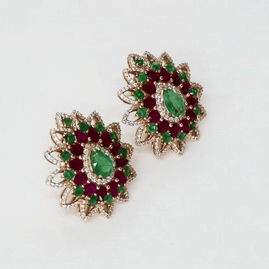A beautiful pair of traditional earrings adorned with emeralds, rubies, and diamonds for graceful, timeless style.(PGDE0335)