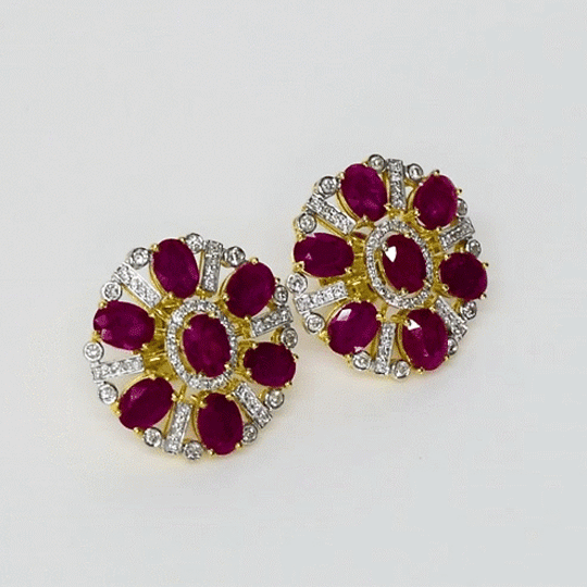 Classic earrings adorned with oval rubies and diamonds, reflecting traditional design, vibrant color, and graceful, timeless charm.(PGDE0405)