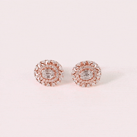 Elegant rose gold tops featuring a luminous baguette diamond centerpiece encircled by brilliant round diamonds for timeless charm.(PGDE0453)