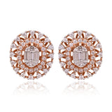 Elegant rose gold tops featuring a luminous baguette diamond centerpiece encircled by brilliant round diamonds for timeless charm.(PGDE0453)