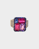 A beautifully crafted ring showcasing tourmaline, pink sapphire, blue sapphire, and diamonds, radiating elegance, vibrant colour, and distinctive style. (PGDR0470)