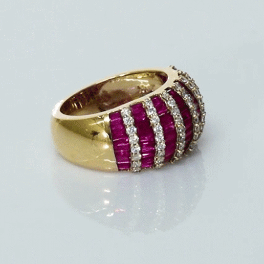 Beautiful ruby and diamond bands come together in this eye-catching ring, designed for effortless glamour and charm.(PGDR0518)