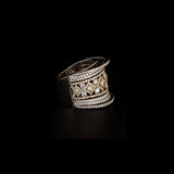 Diamond Statement Ring Bold statement ring featuring brilliant round diamonds in an intricate floral lattice design, framed by sparkling diamond rows for contemporary elegance and brilliance.(PGDR053)