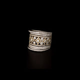 Diamond Statement Ring Bold statement ring featuring brilliant round diamonds in an intricate floral lattice design, framed by sparkling diamond rows for contemporary elegance and brilliance.(PGDR053)